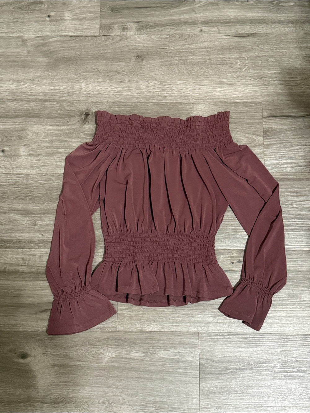 Express Off-Shoulder Smocked Waist Berry Blouse
